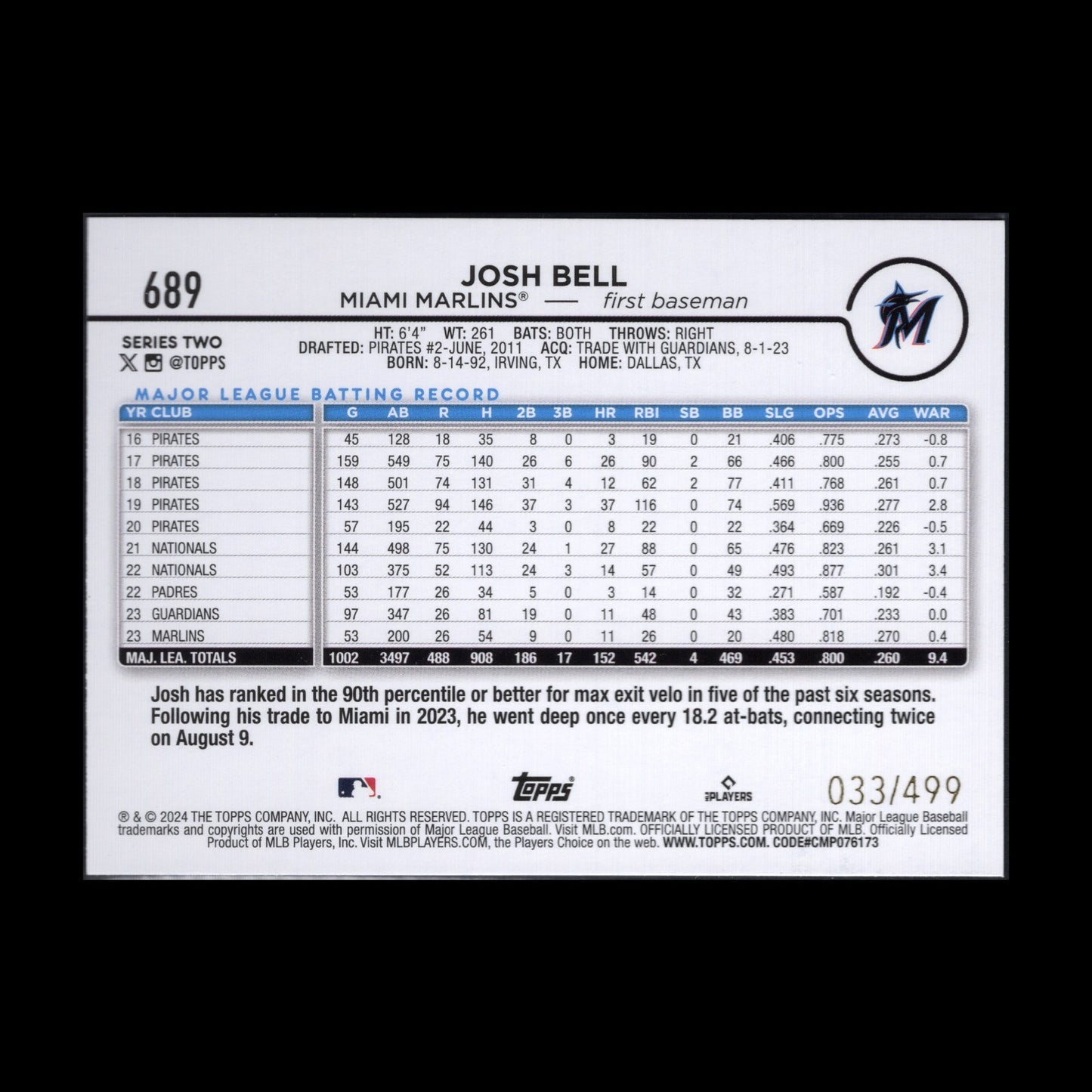 2024 Topps Series 2 JOSH BELL #689 Green foil /499 - Miami Marlins