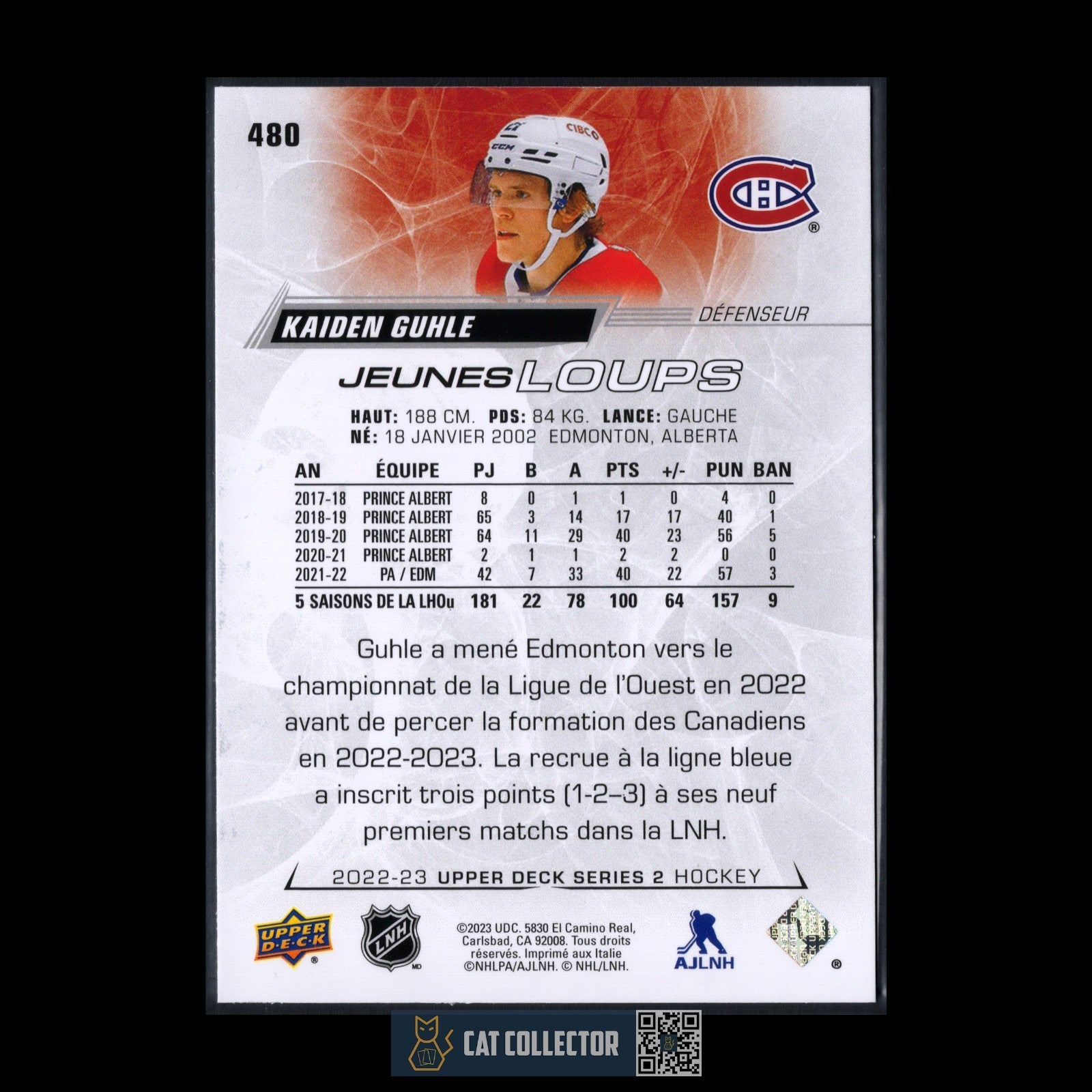 2022-23 UD Series 2 KAIDEN GUHLE #480 Young Guns / Jeunes loups (French) RC