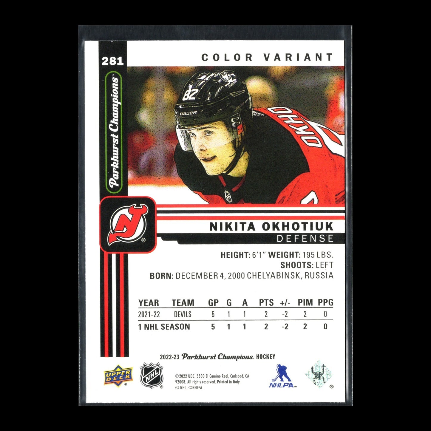 2022-23 UD Parkhurst Champions NIKITA OKHOTIUK #281 Color Variant Rookie