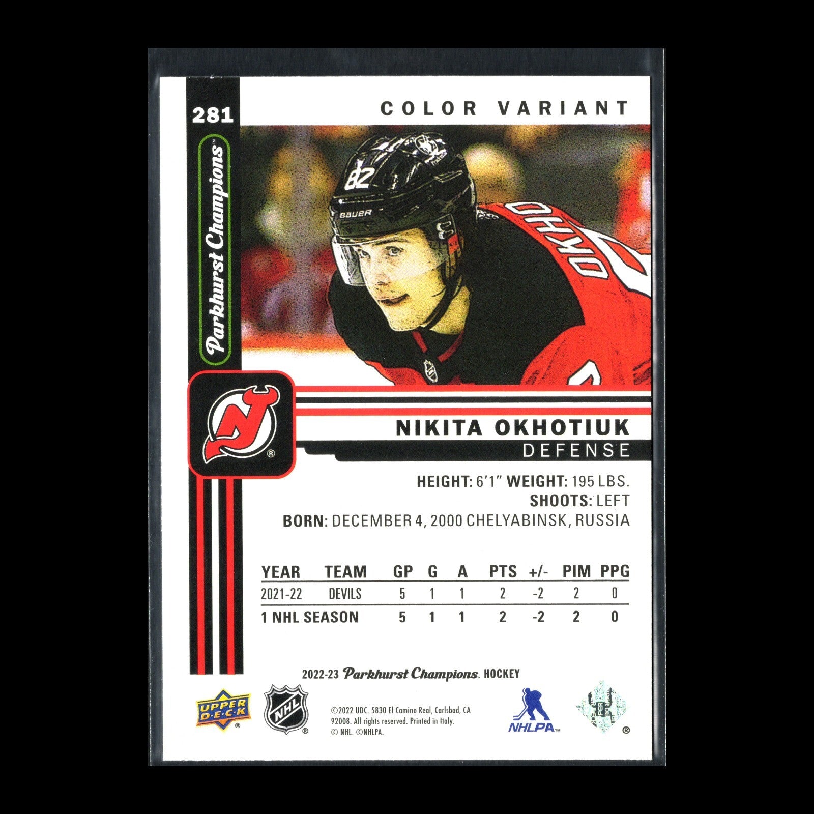 2022-23 UD Parkhurst Champions NIKITA OKHOTIUK #281 Color Variant Rookie