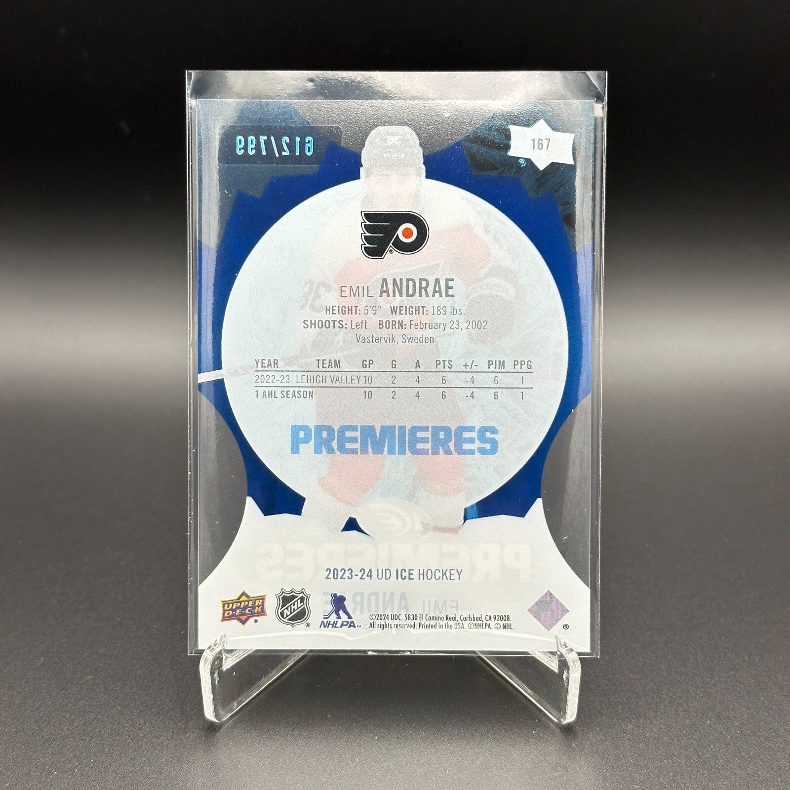 2023-24 UD Ice EMIL ANDRAE #167 Ice Premieres Blue Parallel 612/799 Rookie RC
