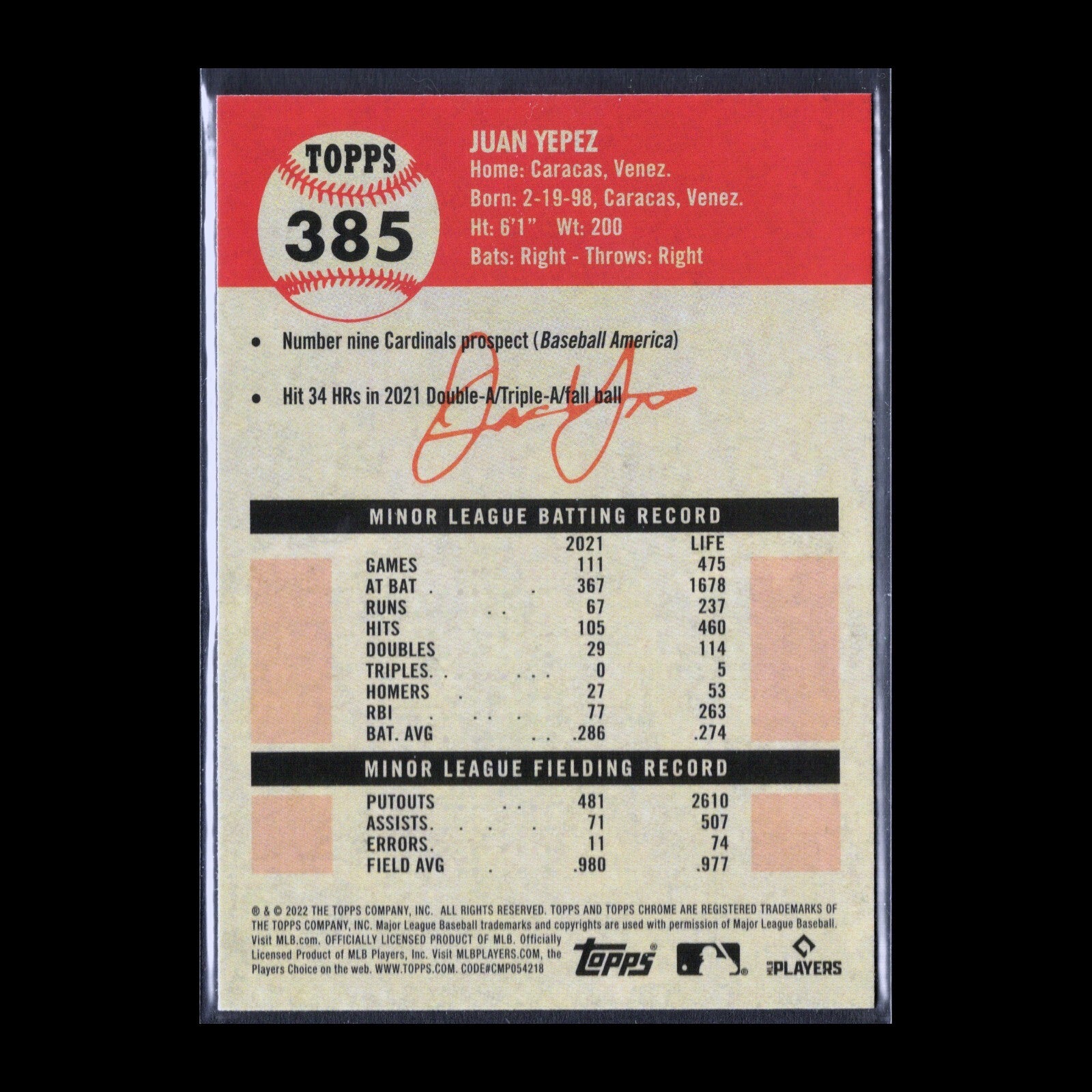 2022 Topps Chrome Platinum Anniversary JUAN YEPEZ #385 RC