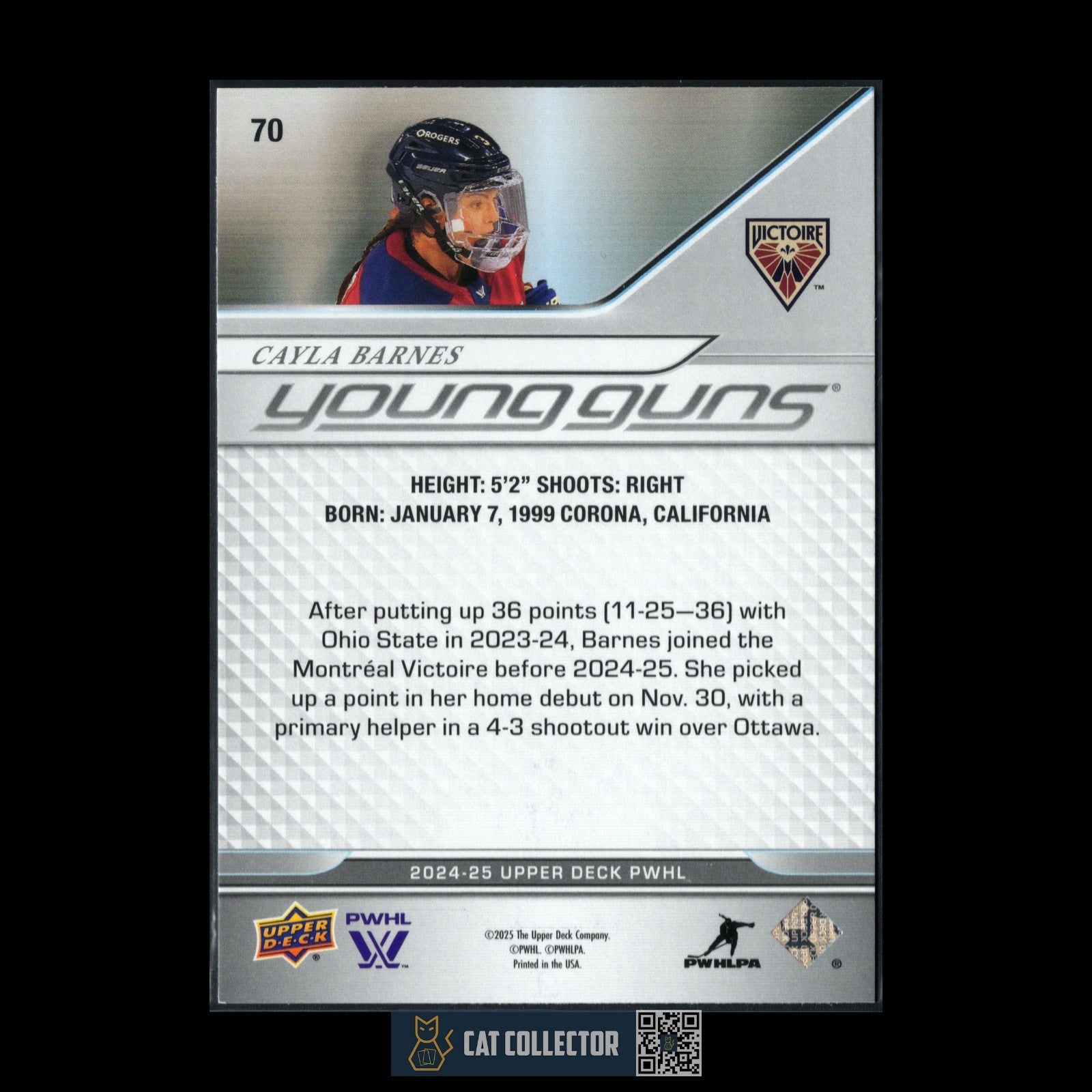 2024-25 UD PWHL CAYLA BARNES #70 Young guns RC Rookie