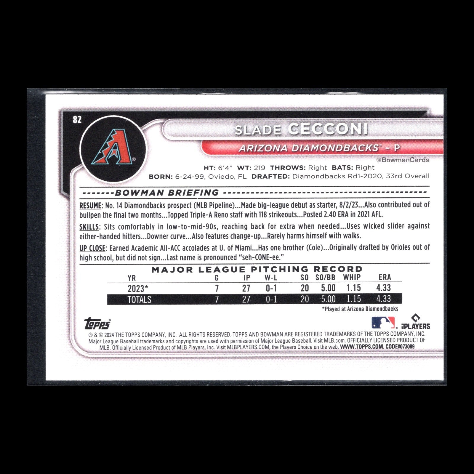 2024 Topps Bowman SLADE CECCONI #82 Prospect RC - Arizona Diamondbacks