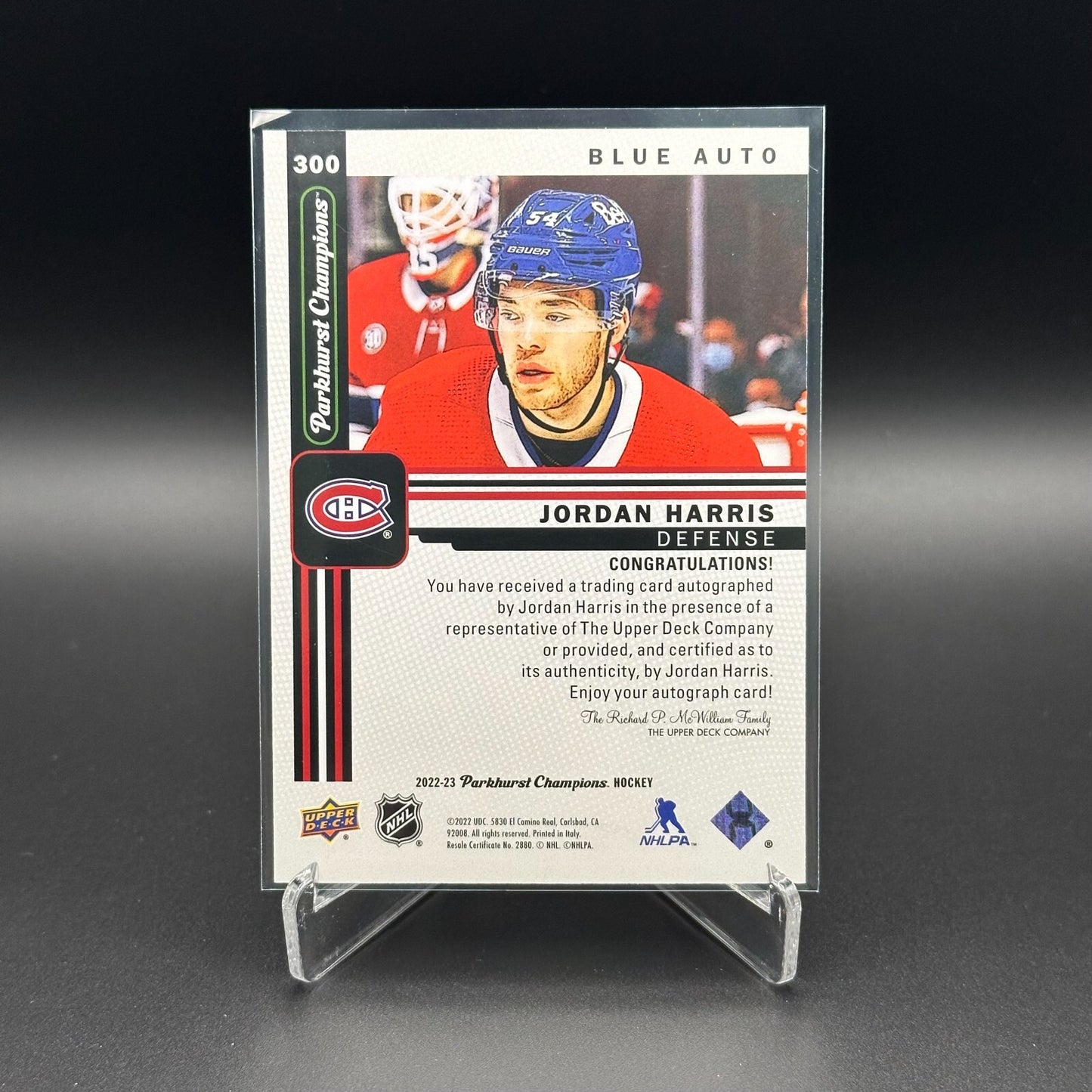 2022-23 UD Parkhurst Champions JORDAN HARRIS #300 Blue Rookie RC AUTOGRAPH /25