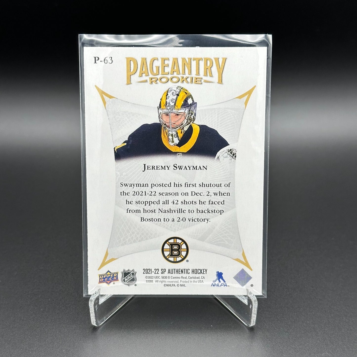 2021-22 UD SP Authentic JEREMY SWAYMAN #P-63 Pageantry Rookie - Boston Bruins
