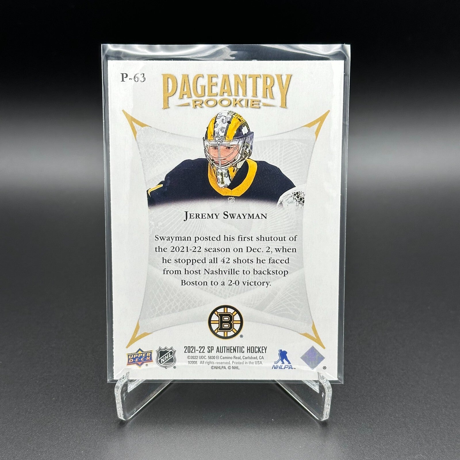 2021-22 UD SP Authentic JEREMY SWAYMAN #P-63 Pageantry Rookie - Boston Bruins