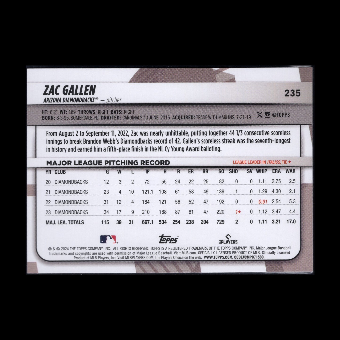 2024 Topps Big League ZAC GALLEN #235 Rainbow foil - Arizona Diamondbacks