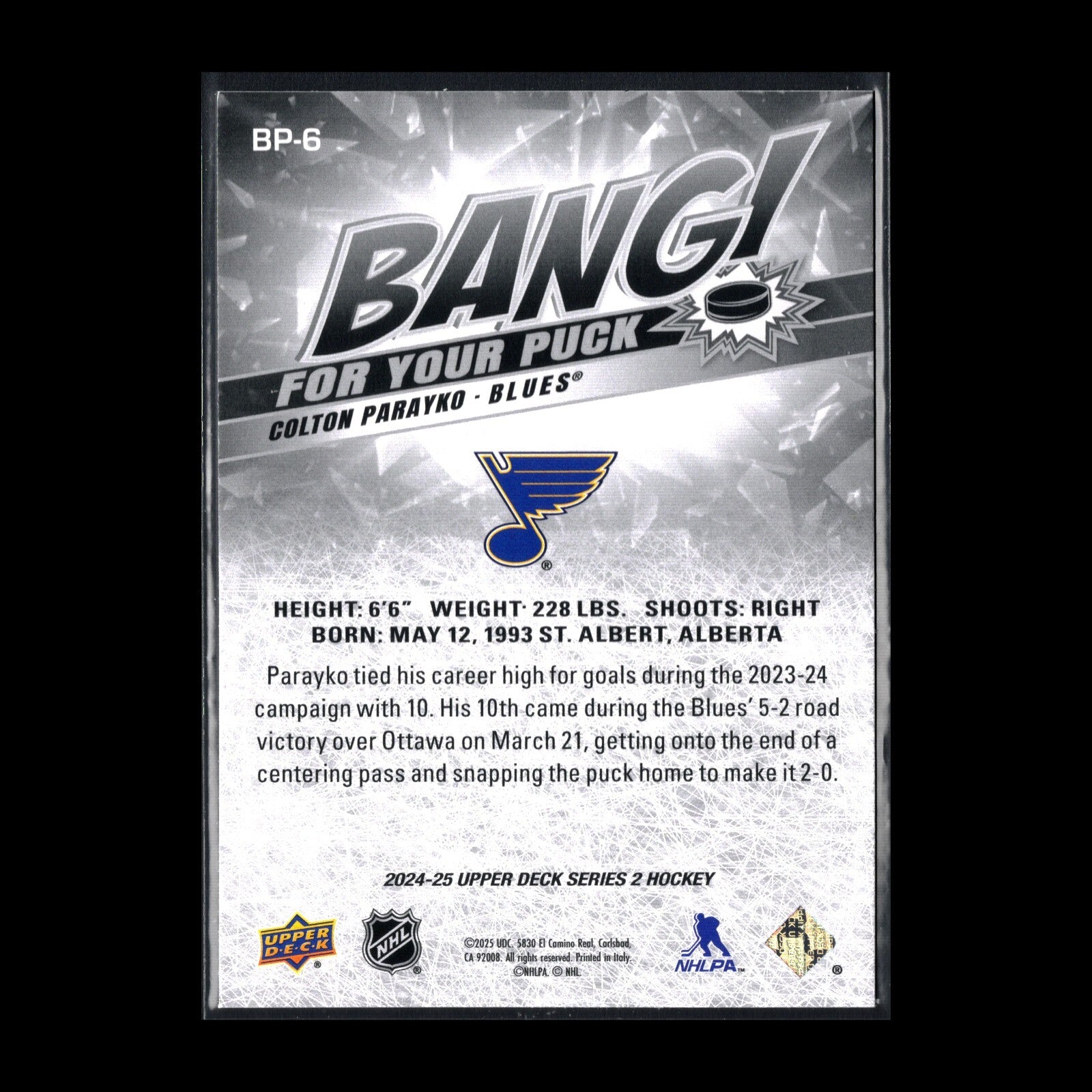 2024-25 UD Series 2 COLTON PARAYKO #BP-6 Bang for your puck - St. Louis Blues