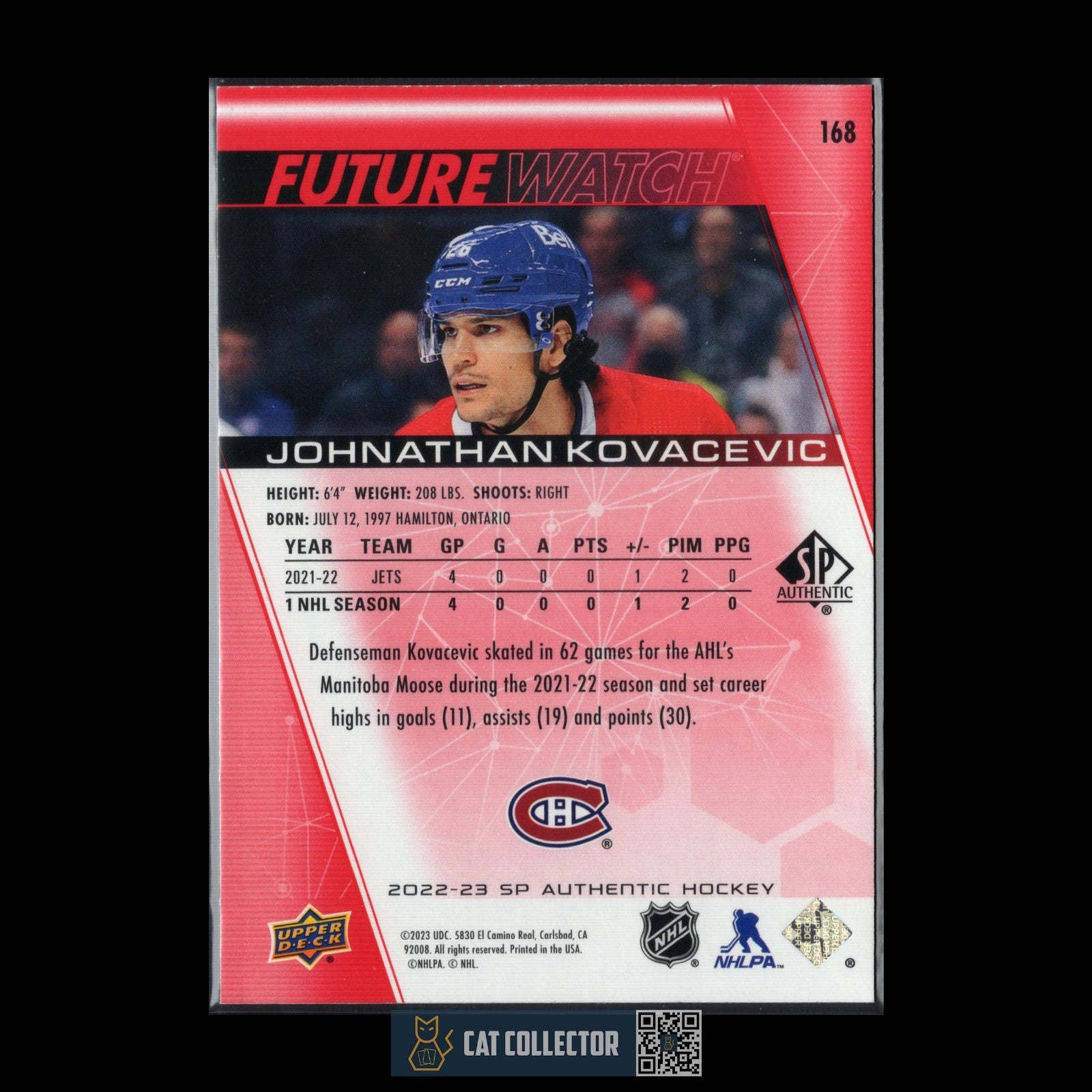 2022-23 UD SP Authentic JOHNATHAN KOVACEVIC #168 Future Watch Limited Red Rookie