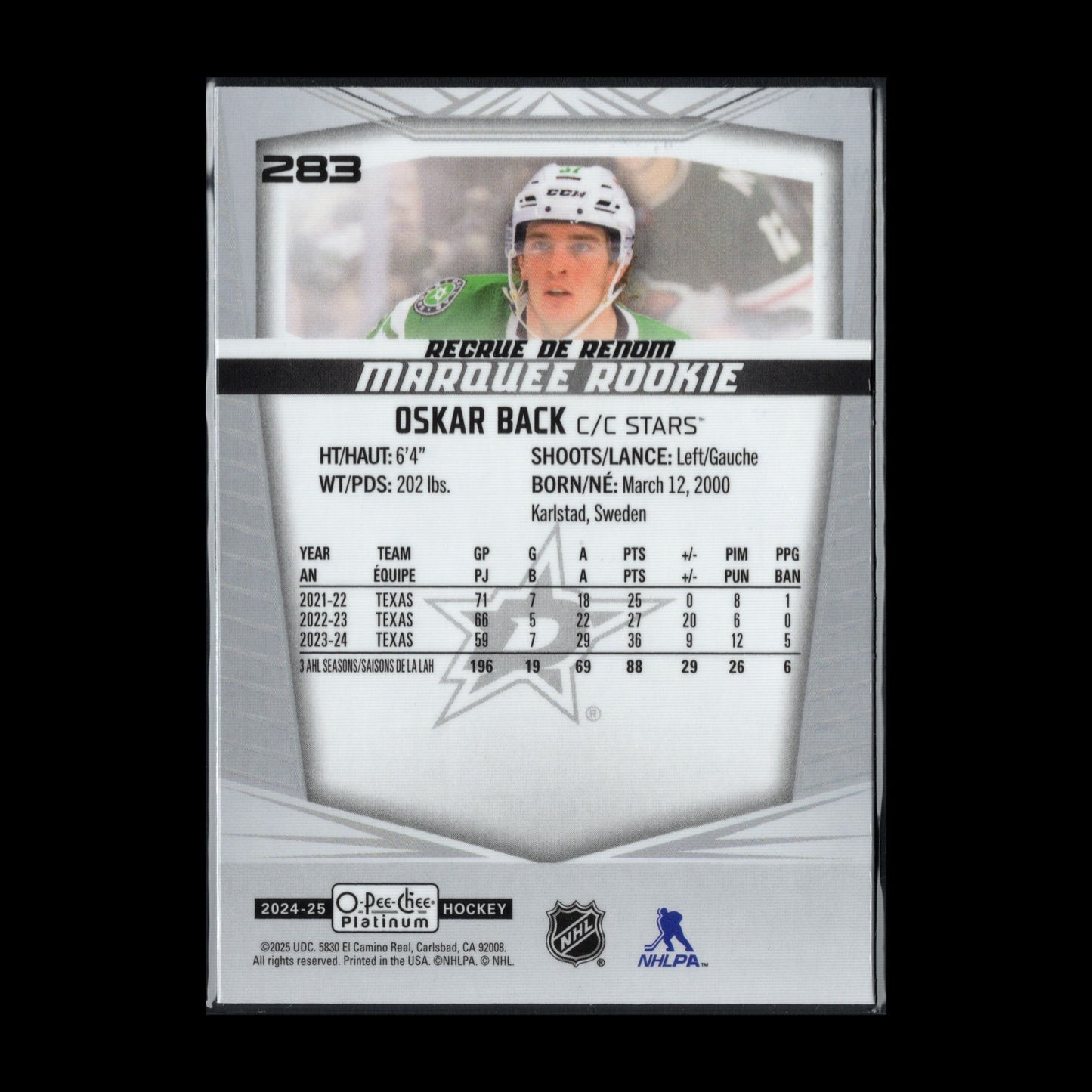 2024-25 O-Pee-Chee Platinum OSKAR BACKSTROM #283 Marquee Rookie RC