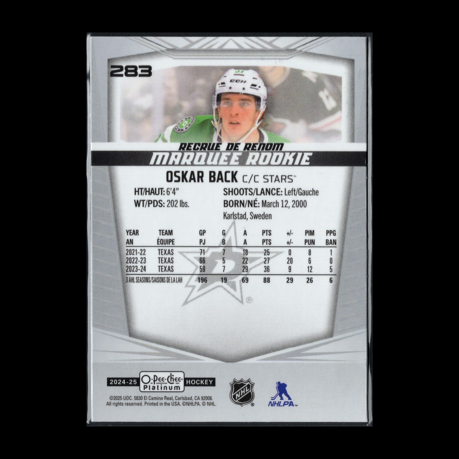 2024-25 O-Pee-Chee Platinum OSKAR BACKSTROM #283 Marquee Rookie RC