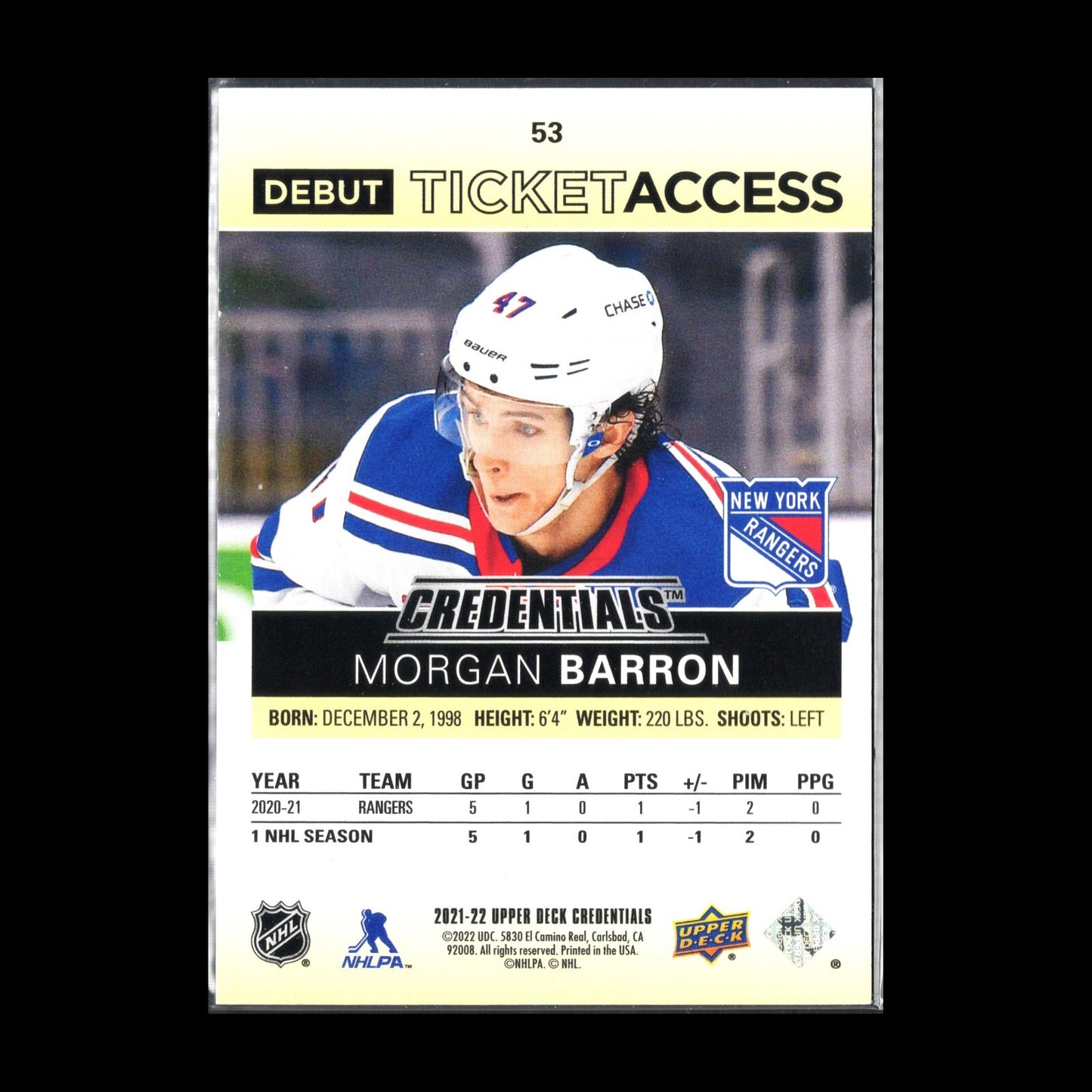 2021-22 UD Credentials MORGAN BARRON #53 Debut Ticket Access Yellow RC /249