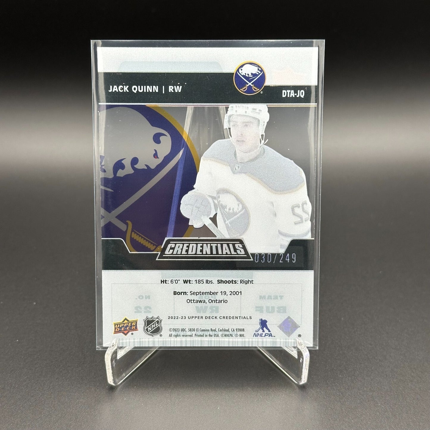 2022-23 UD Credentials JACK QUINN #DTA-JQ Debut Ticket Access Acetate /249