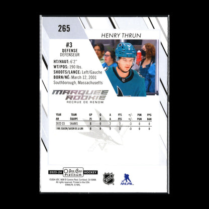 2023-24 OPC Platinum HENRY THRUN #265 Marquee rookie RC - San Jose Sharks