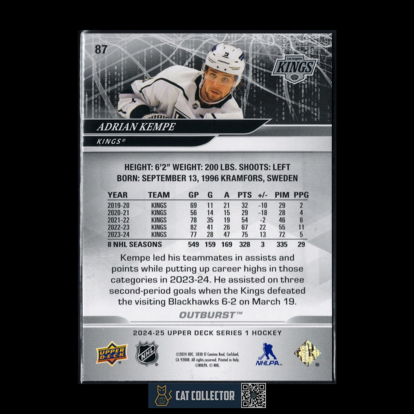2024-25 Upper Deck Series 1 ADRIAN KEMPE #87 Outburst - Los Angeles Kings