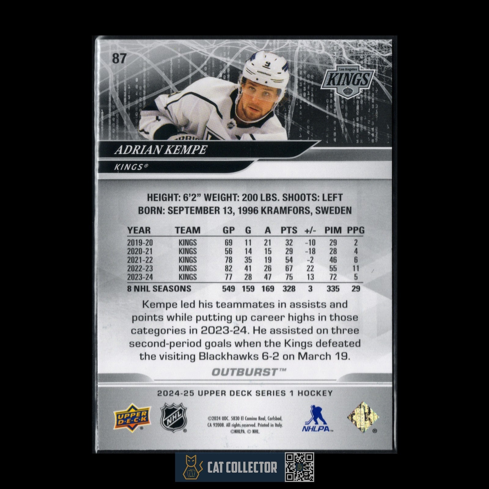 2024-25 Upper Deck Series 1 ADRIAN KEMPE #87 Outburst - Los Angeles Kings