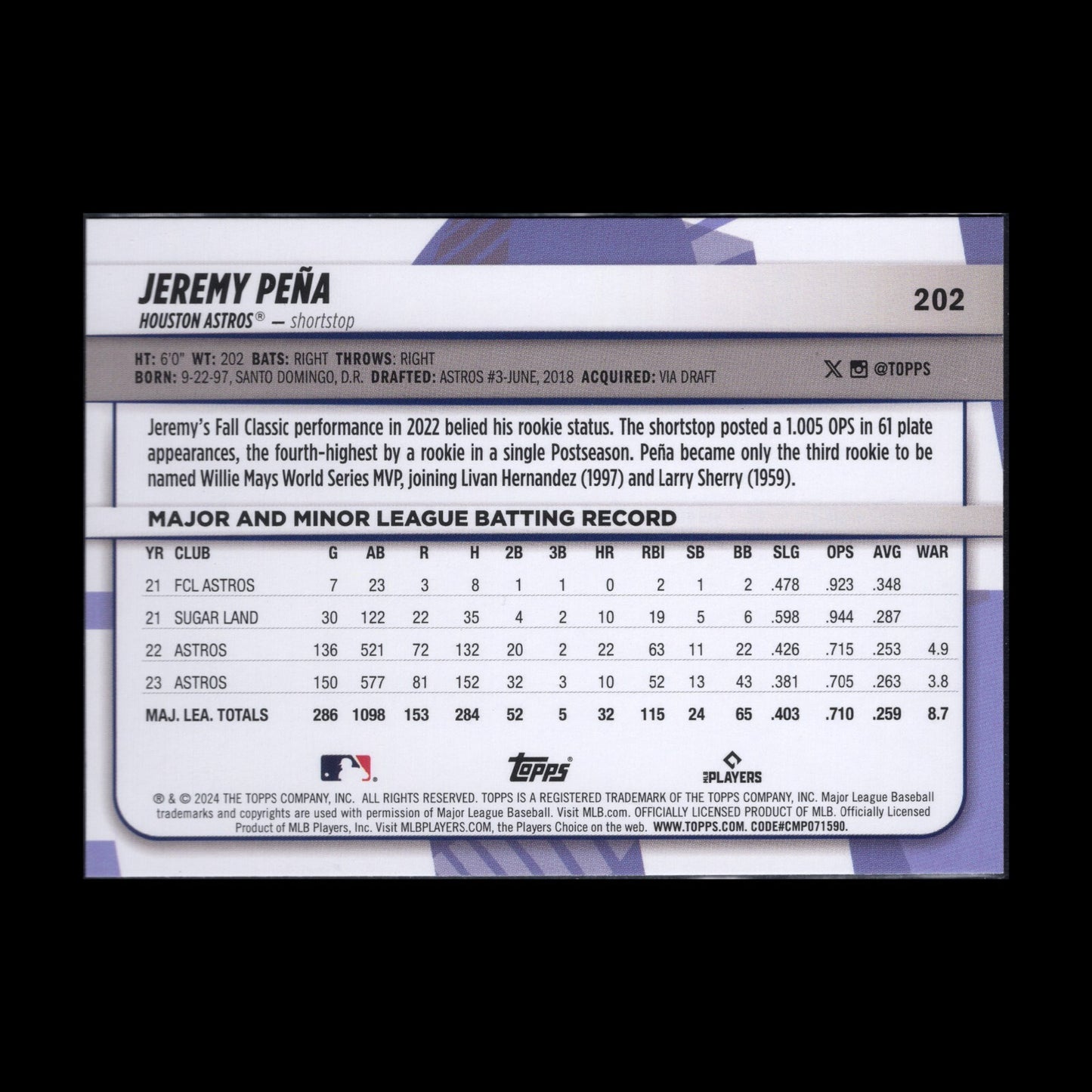 2024 Topps Big League JEREMY PENA #202 Rainbow foil - Houston Astros
