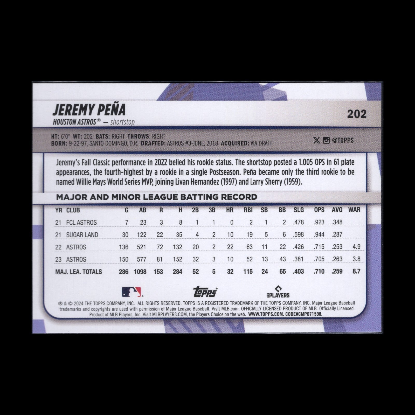 2024 Topps Big League JEREMY PENA #202 Rainbow foil - Houston Astros