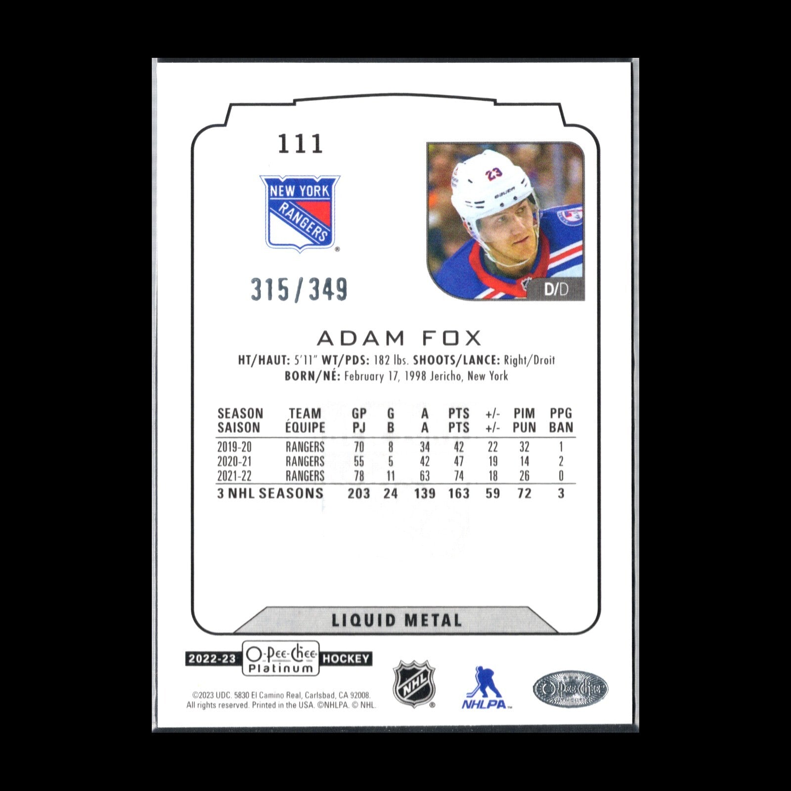 2022-23 O-Pee-Chee Platinum ADAM FOX #111 Liquid Metal 315/349 - NY Rangers