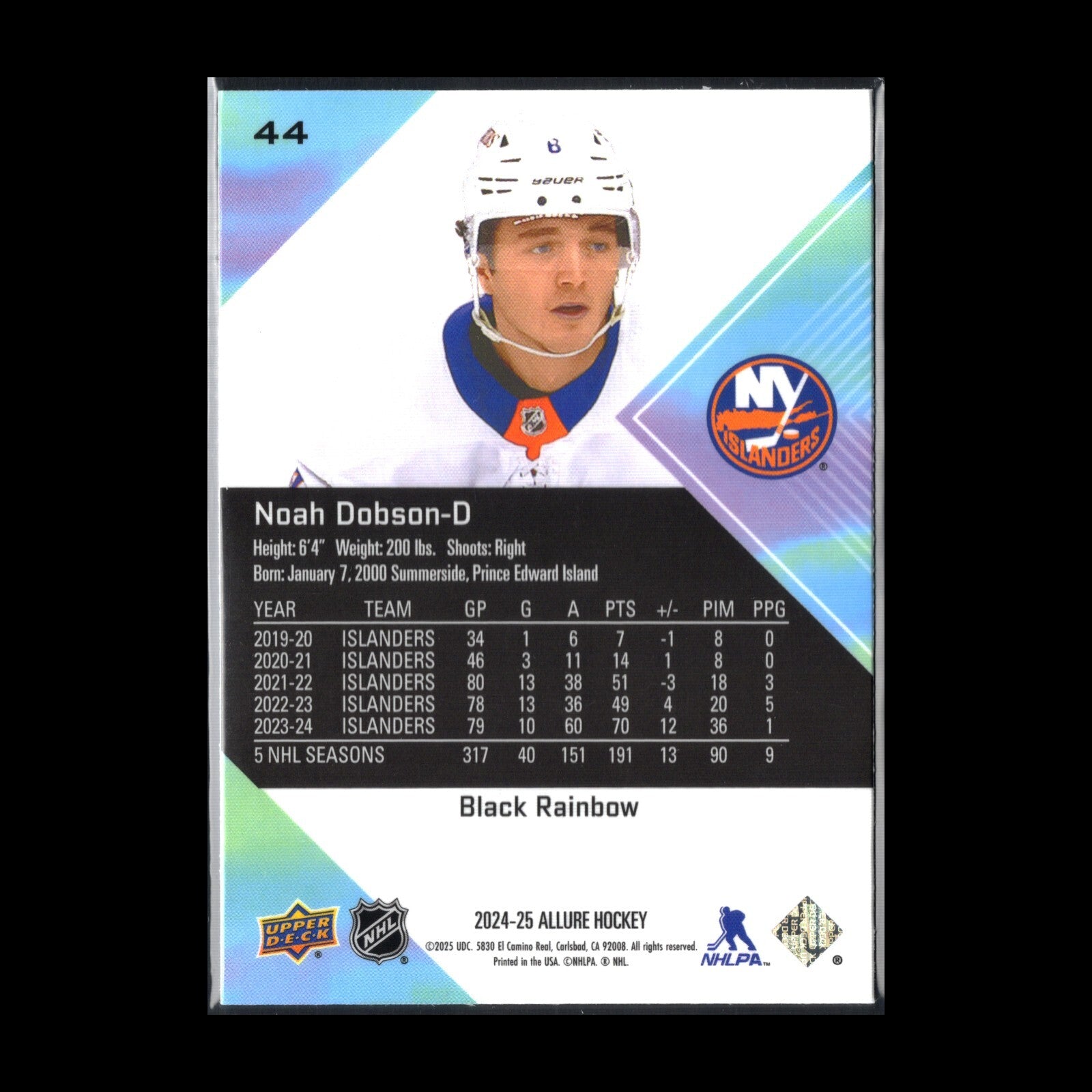 2024-25 UD Allure NOAH DOBSON #44 Black Rainbow - NY Islanders