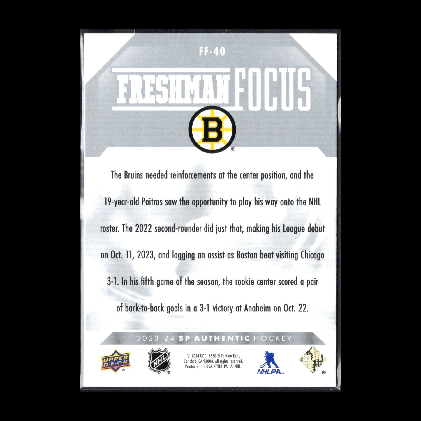 2023-24 UD SP Authentic MATTHEW POITRAS #FF-40 Freshman Focus RC - Boston Bruins