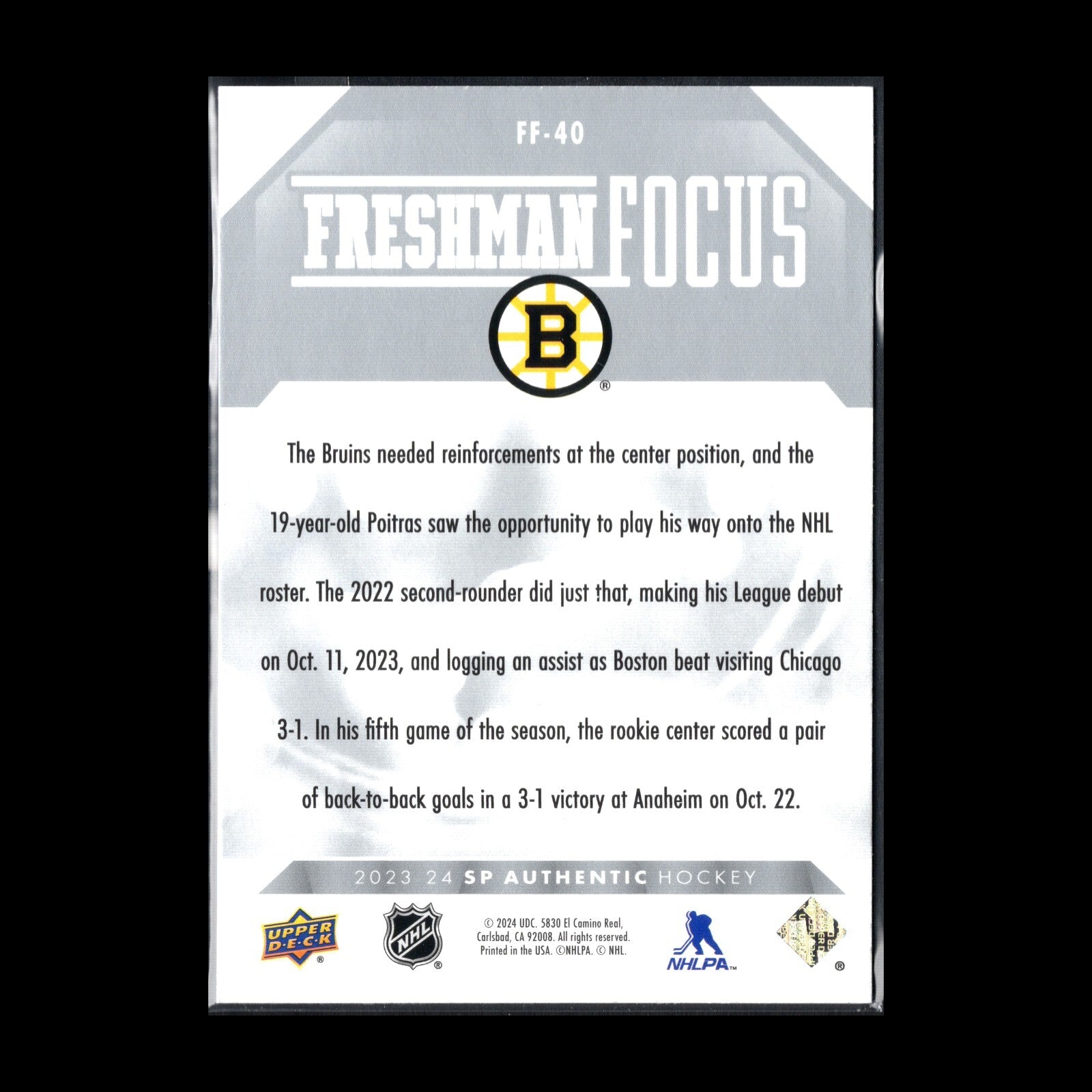 2023-24 UD SP Authentic MATTHEW POITRAS #FF-40 Freshman Focus RC - Boston Bruins