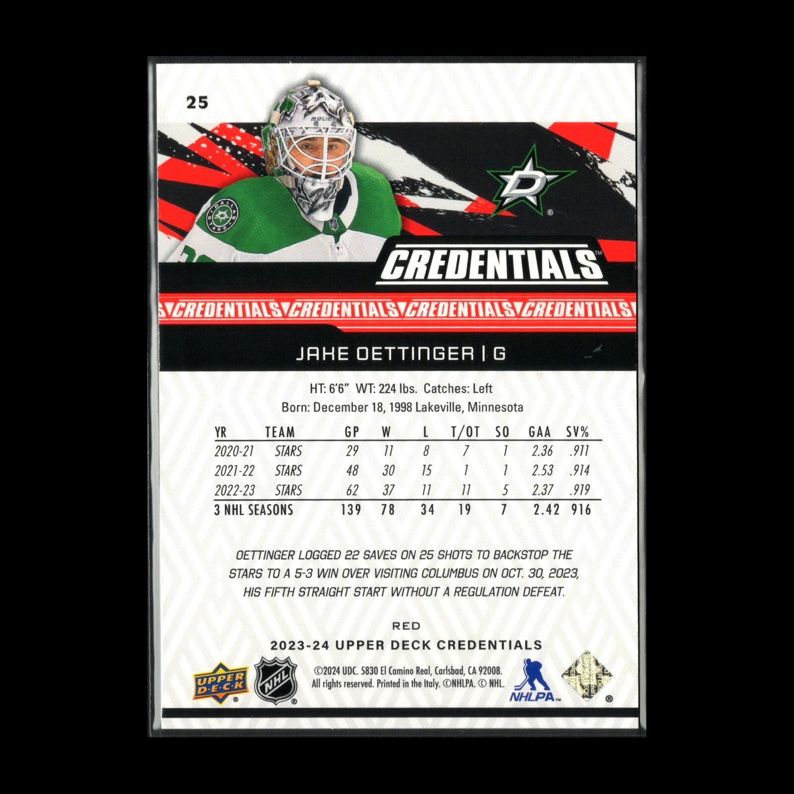 2023-24 UD Credentials JAKE OETTINGER #25 Red 273/349 - Dallas Stars