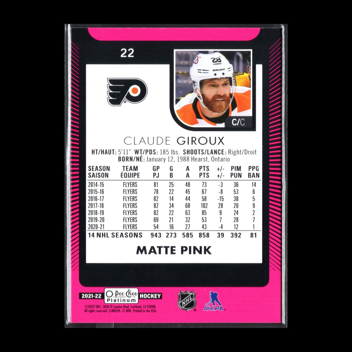 2021-22 O-Pee-Chee Platinum CLAUDE GIROUX #22 Matte Pink