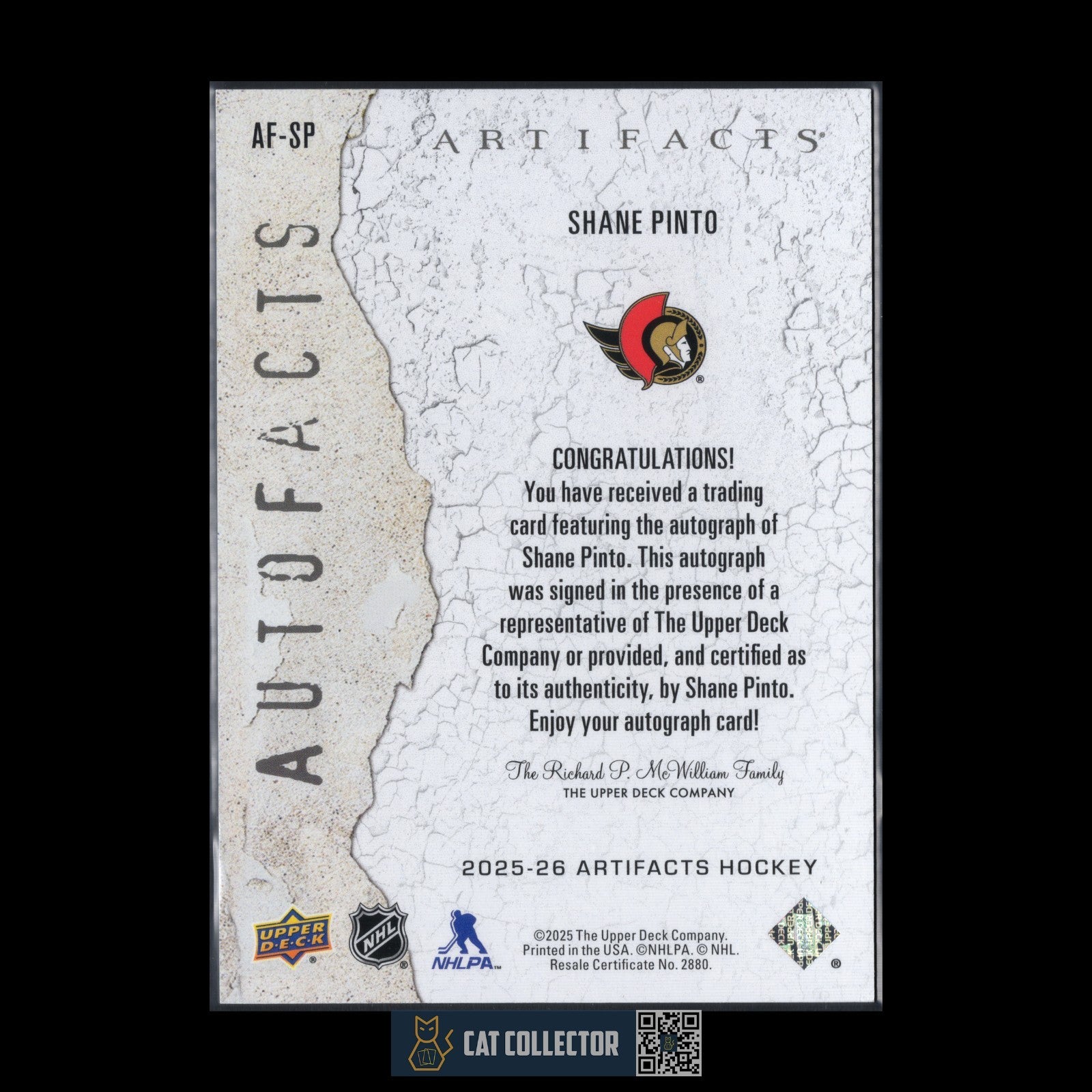 2025-26 UD Artifacts SHANE PINTO #AF-SP Autofacts Auto