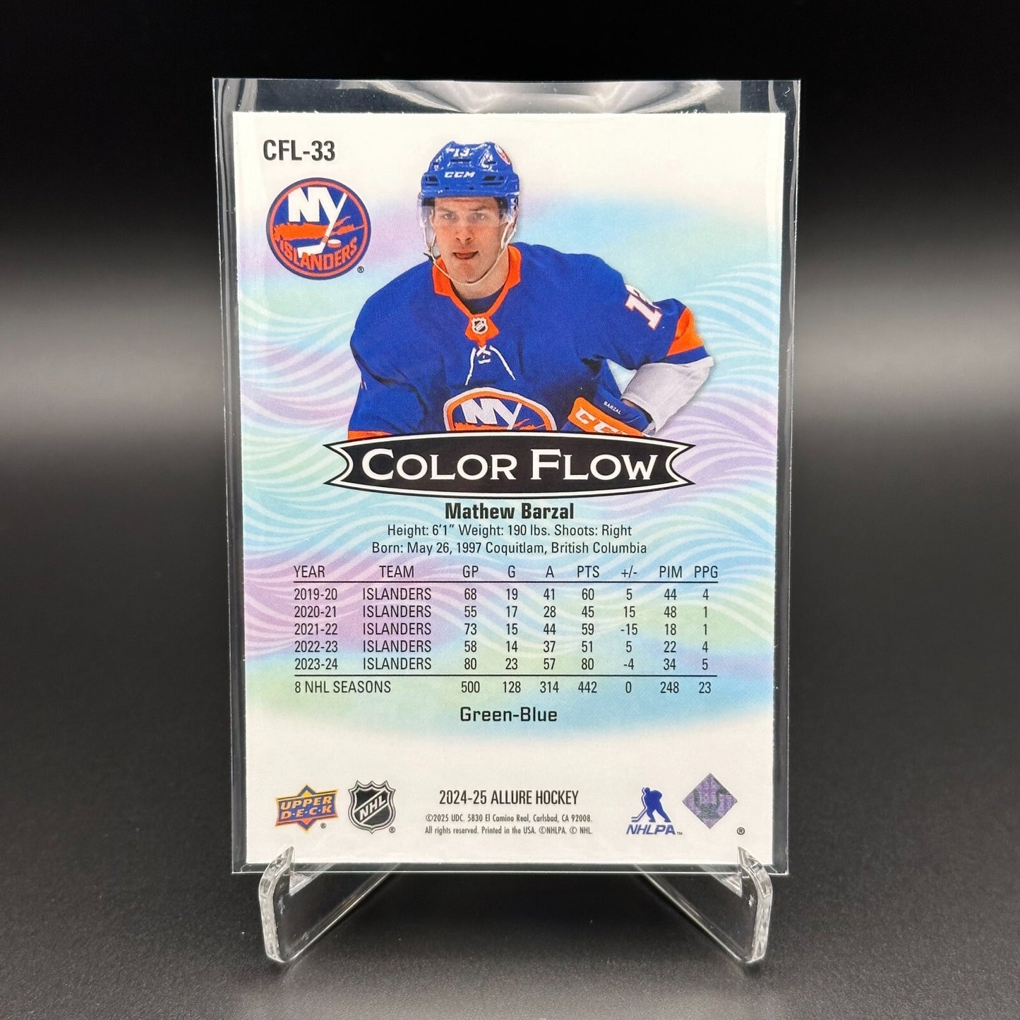 2024-25 UD Allure MATHEW BARZAL #CFL-33 Color Flow Green-Blue - NY Islanders