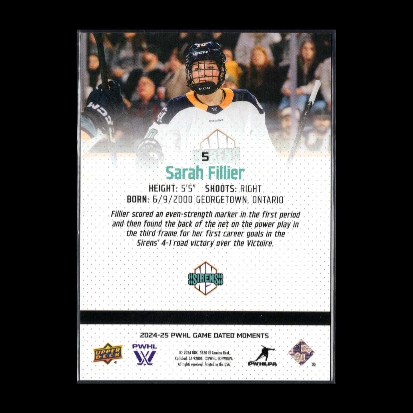 2024-25 UD PWHL Game Dated Moments SARAH FILLIER #5 Rookie RC - ONLINE EXCUSIVE!