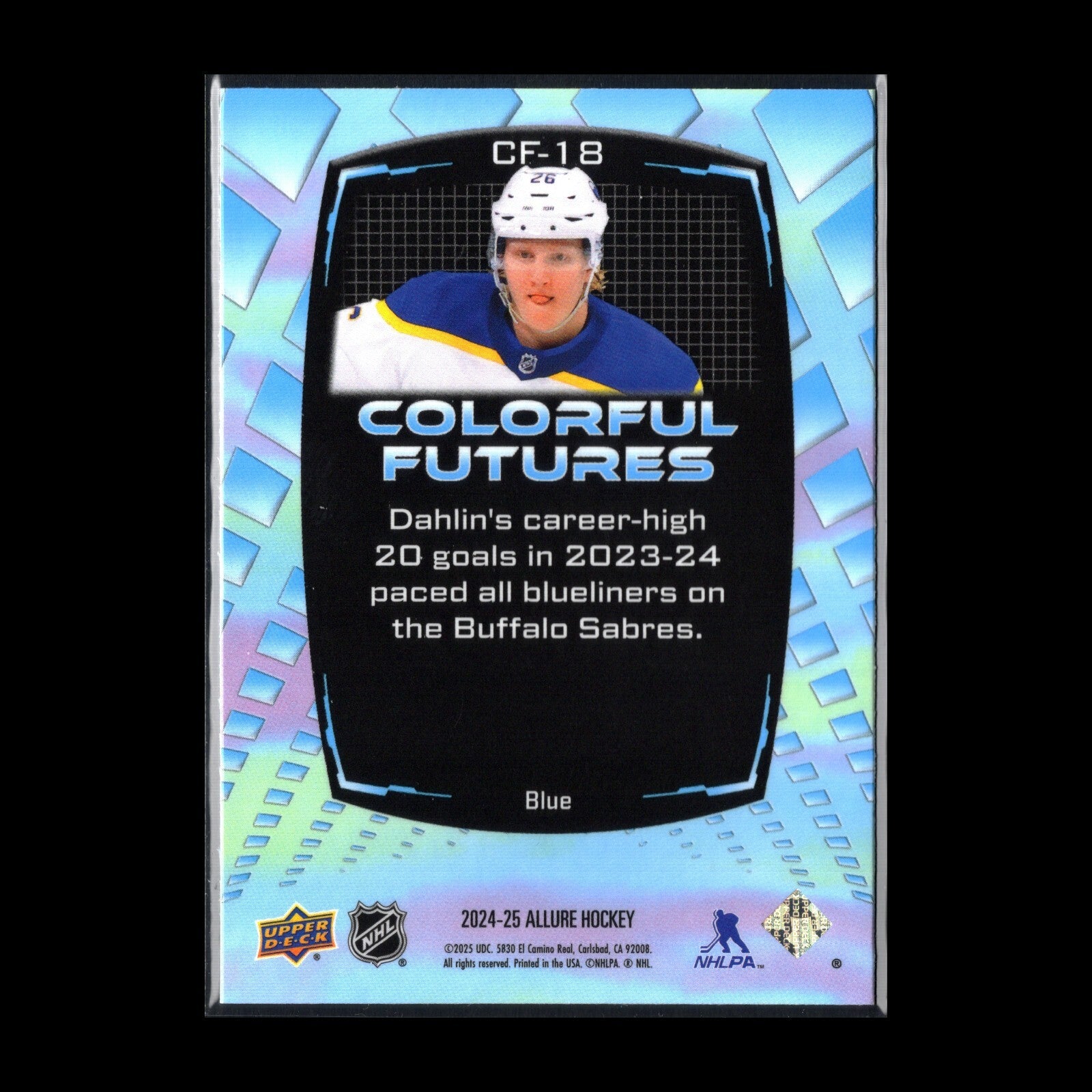 2024-25 UD Allure RASMUS DAHLIN #CF-18 Colorful Futures Blue - Buffalo Sabres