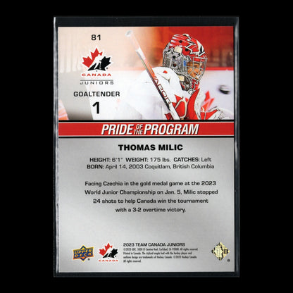 2023 Upper Deck Team Canada Juniors THOMAS MILIC #81 Pride of the program