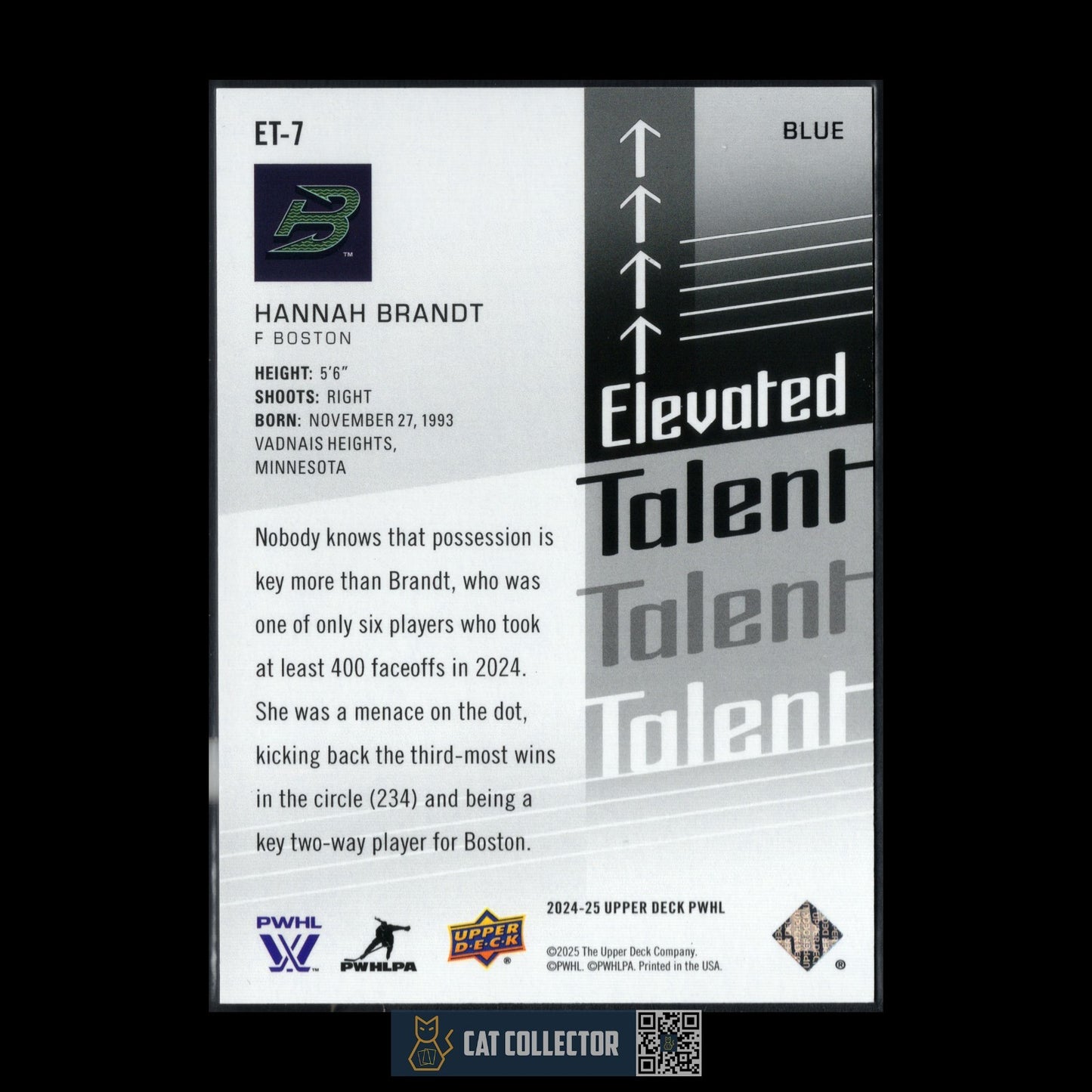 2024-25 UD PWHL HANNAH BRANDT #ET-7 Elevated Talent Blue /99 - Boston Fleet