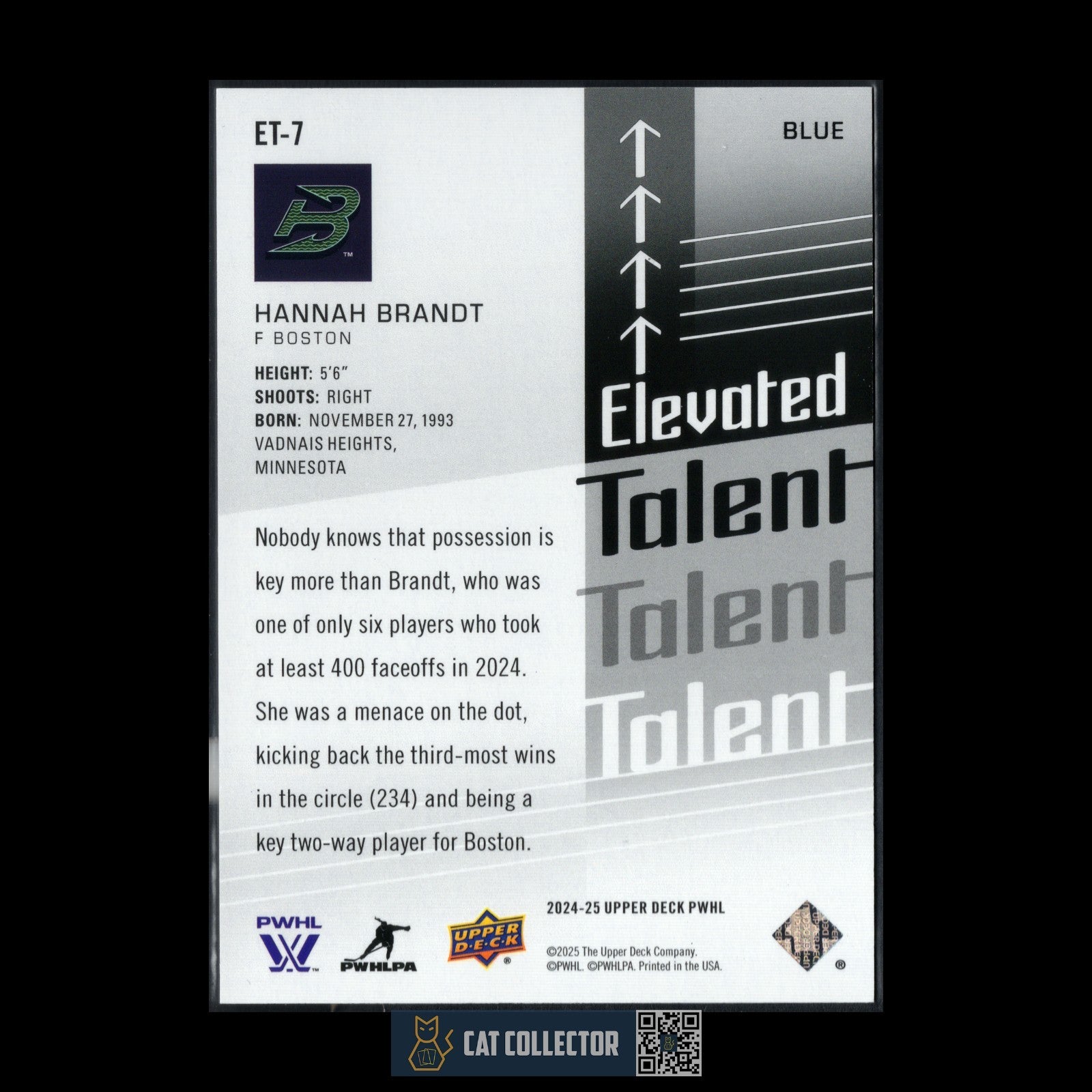 2024-25 UD PWHL HANNAH BRANDT #ET-7 Elevated Talent Blue /99 - Boston Fleet