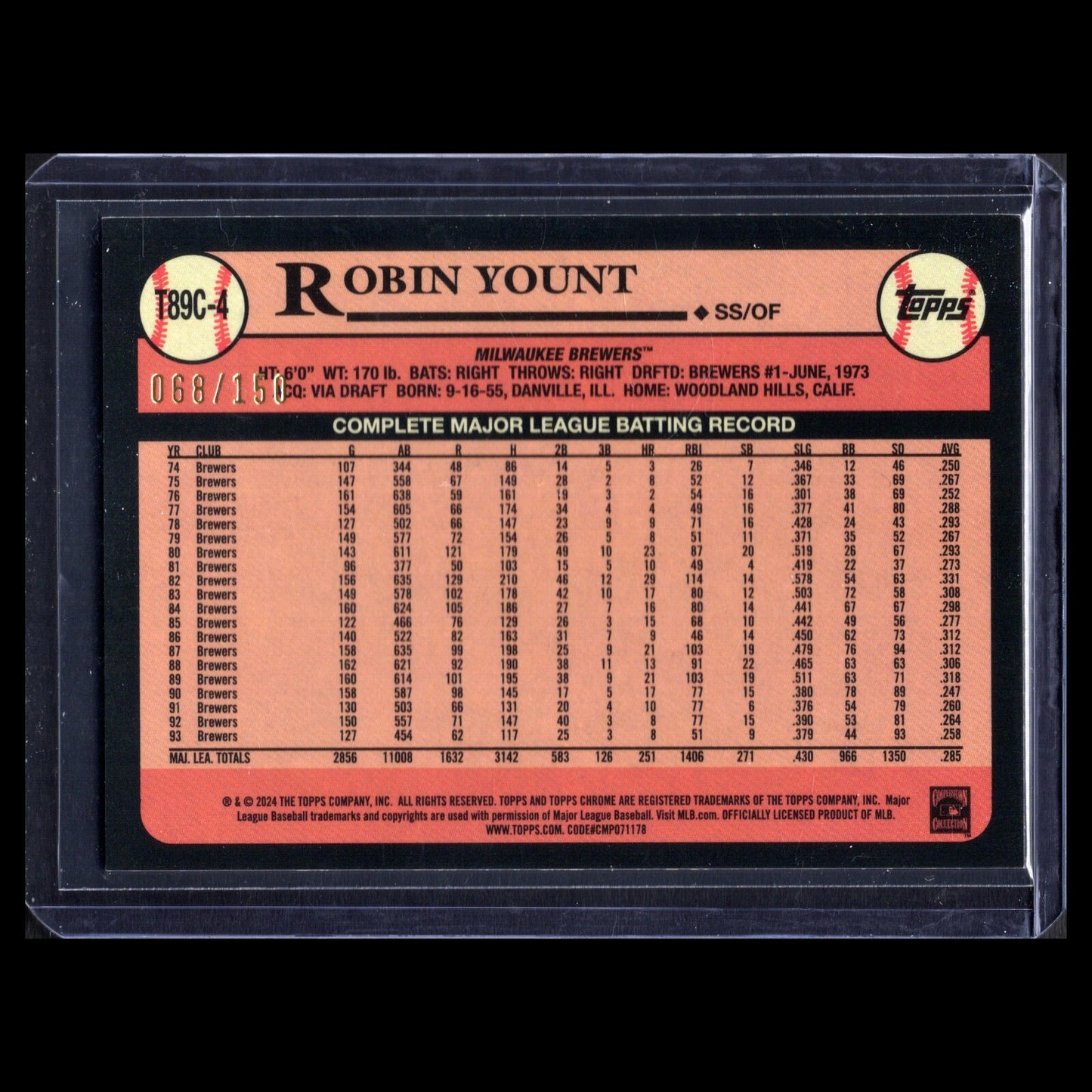 2024 Topps Chrome Series 1 ROBIN YOUNT #T89C-4 Blue Refractor 68/150