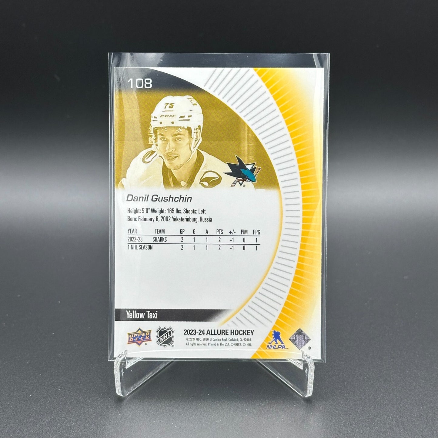 2023-24 UD Allure DANIL GUSHCHIN #108 Yellow Taxi RC Rookie - San Jose Sharks
