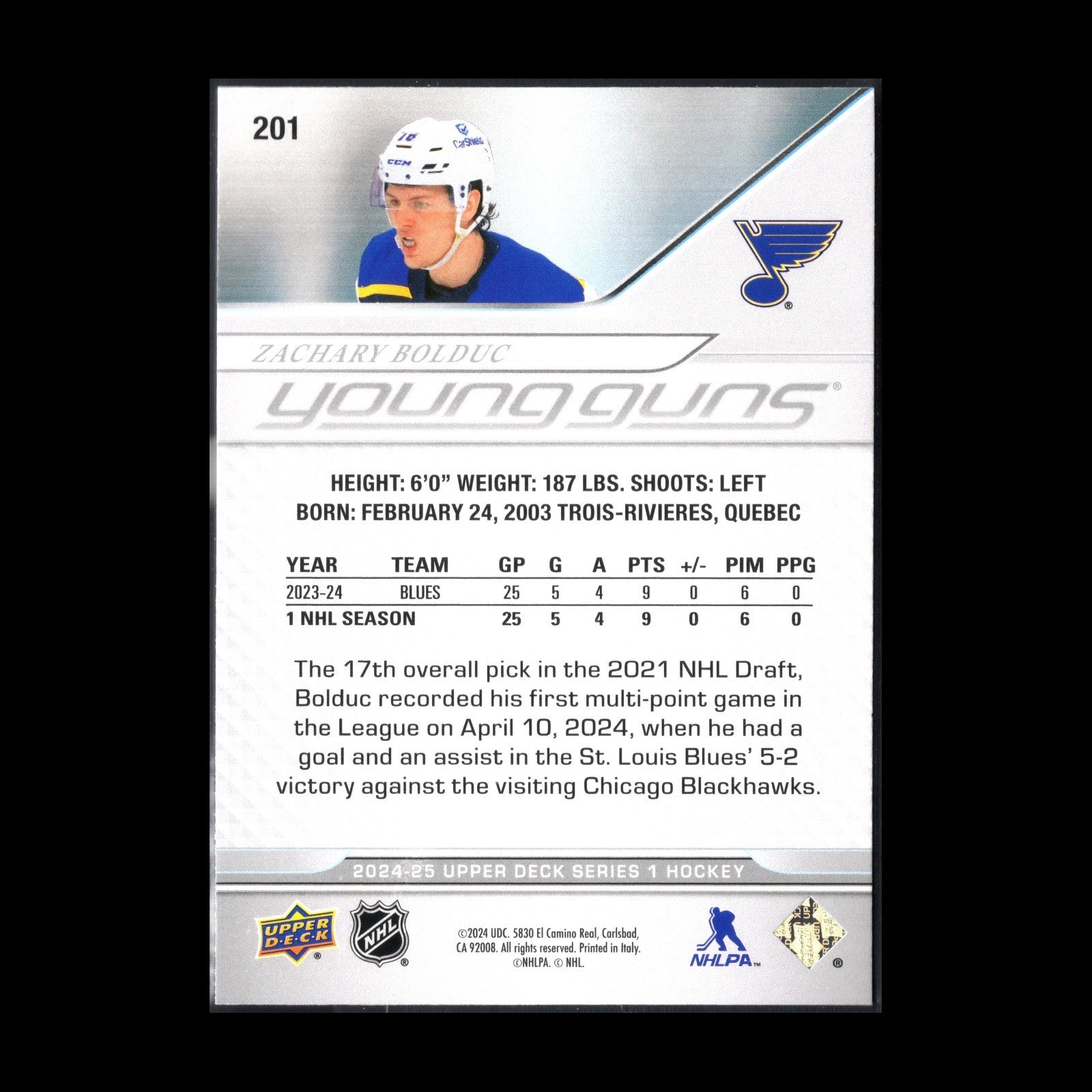 2024-25 UD Series 1 ZACHARY BOLDUC #201 Young guns RC