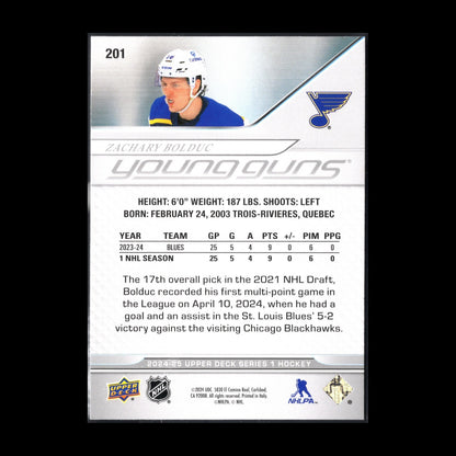 2024-25 UD Series 1 ZACHARY BOLDUC #201 Young guns RC