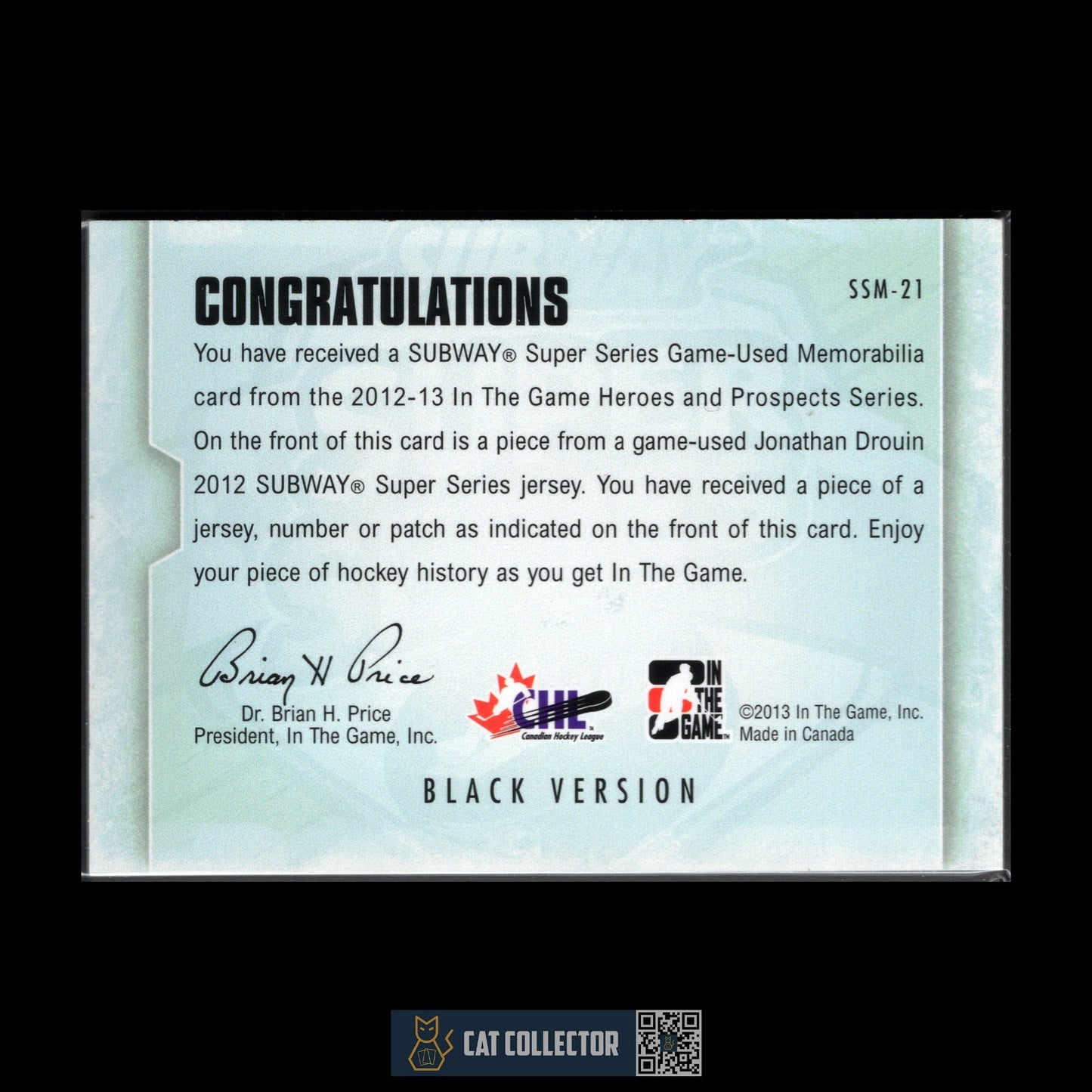 2012-13 ITG Heroes & Prospects JONATHAN DROUIN #SSM-21 Game-Used Jersey Black