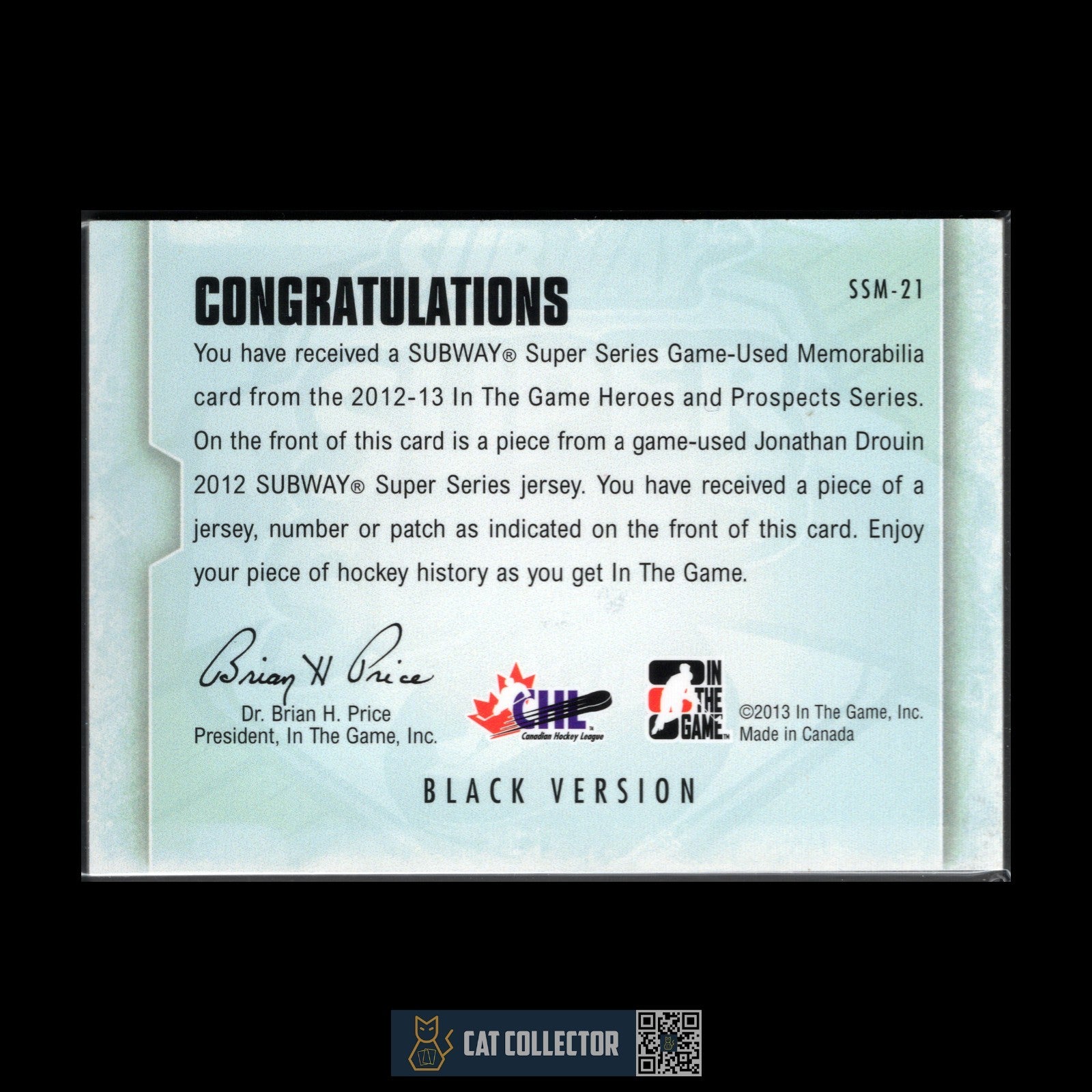 2012-13 ITG Heroes & Prospects JONATHAN DROUIN #SSM-21 Game-Used Jersey Black