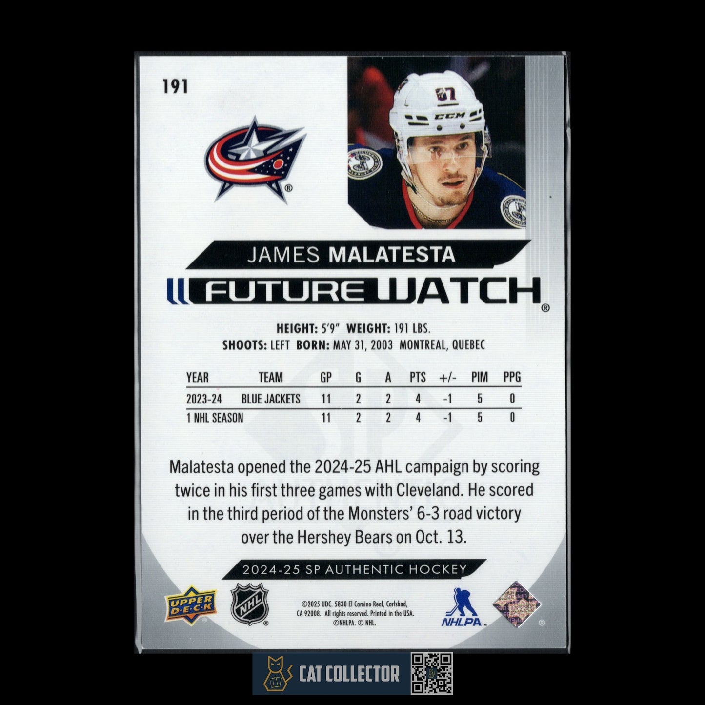 2024-25 UD SP Authentic JAMES MALATESTA #191 Future Watch Rookie RC