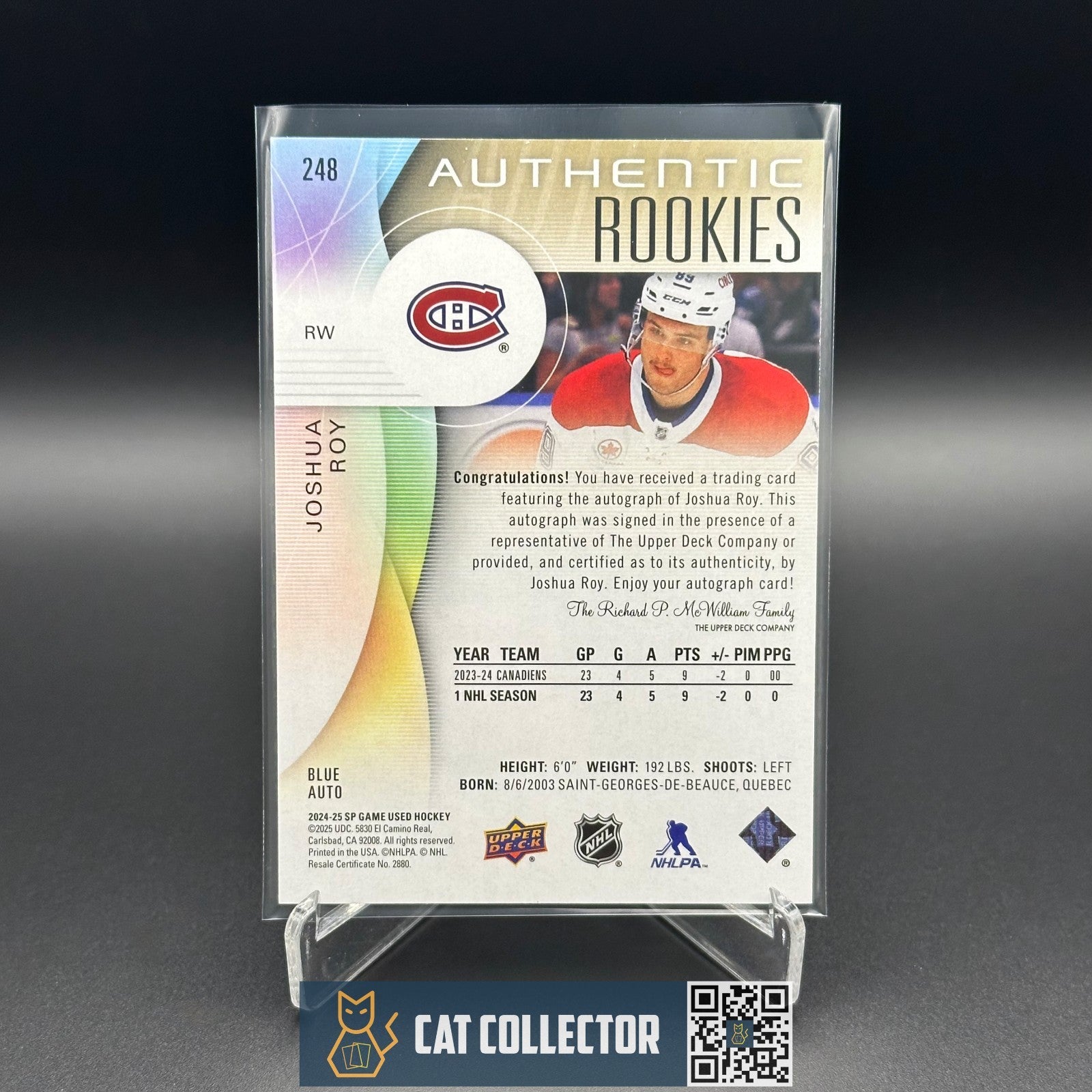 2024-25 UD SP Game Used JOSHUA ROY #248 Blue AUTO Rookie RC