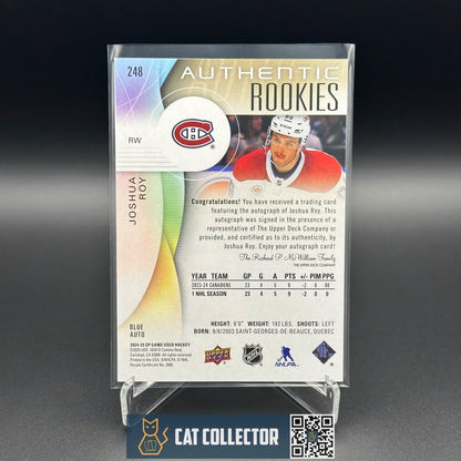 2024-25 UD SP Game Used JOSHUA ROY #248 Blue AUTO Rookie RC