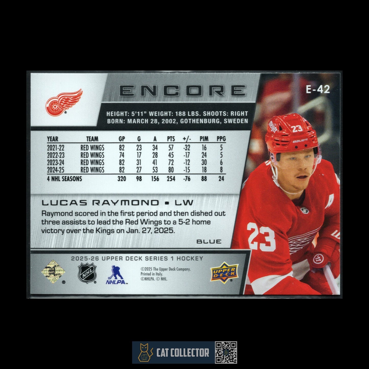 2025-26 UD Encore LUCAS RAYMOND #E-42 Blue - Detroit Red Wings