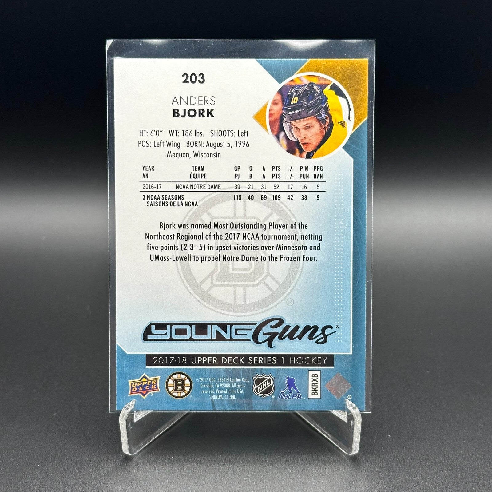 2017-18 UD Series 1 ANDERS BJORK #203 Young guns RC - Boston Bruins