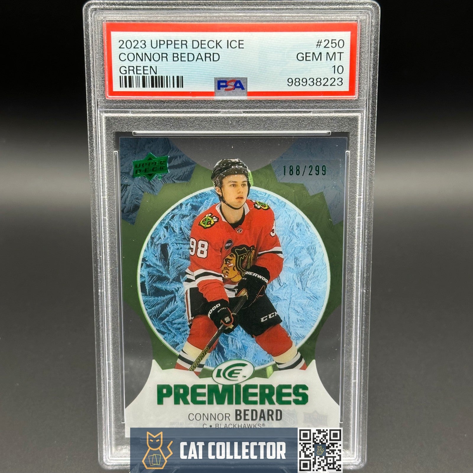 2023-24 UD Ice CONNOR BEDARD #250 Ice Premieres Green Parallel RC /299 PSA 10