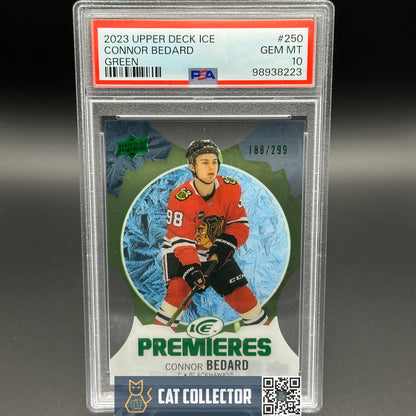 2023-24 UD Ice CONNOR BEDARD #250 Ice Premieres Green Parallel RC /299 PSA 10
