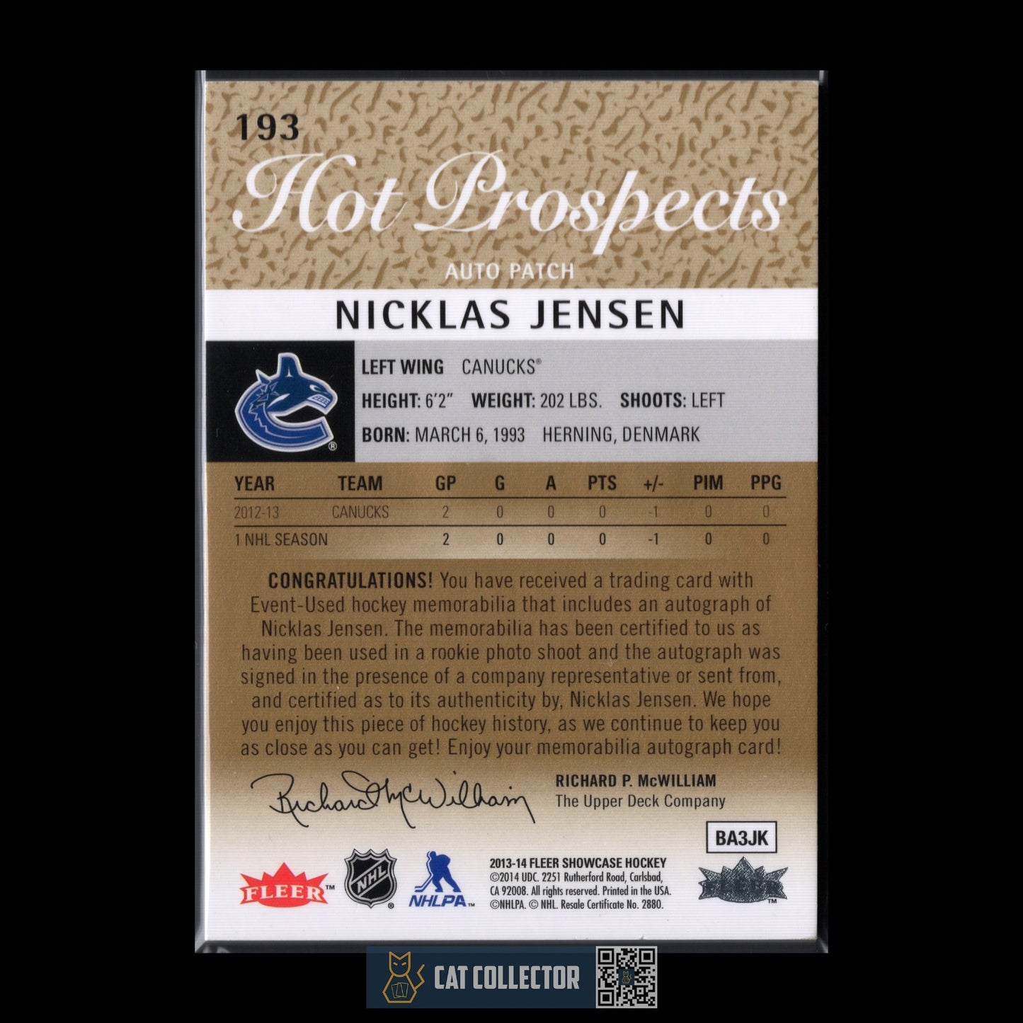 2013-14 Fleer Showcase NICKLAS JENSEN #193 Hot prospects RC /375 Auto Patch